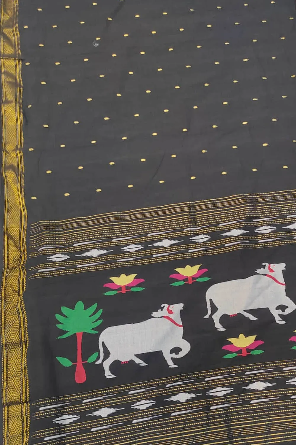 Black Handloom Paithani Pure Cotton Cow Design Saree