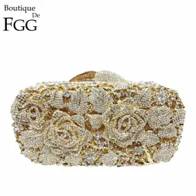 Bridal Metal Clutch Floral Rose Bag Women Crystal Gold Evening Bag