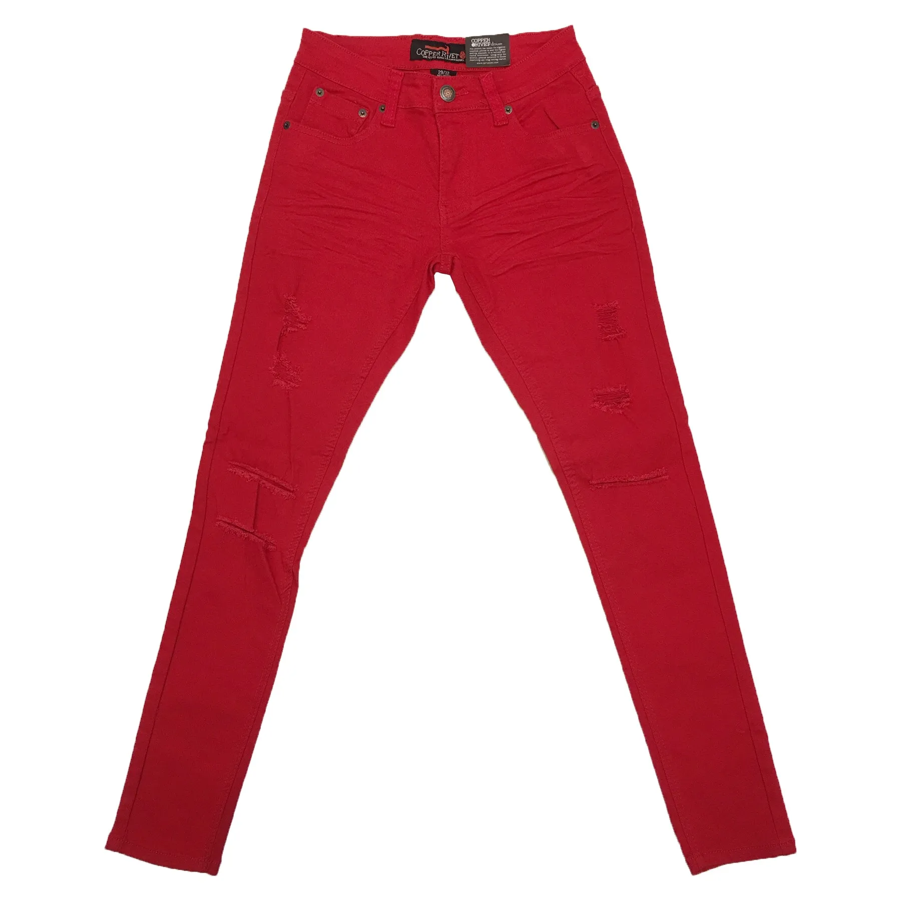 Copper Rivet Ripped Slim Jean (Red)