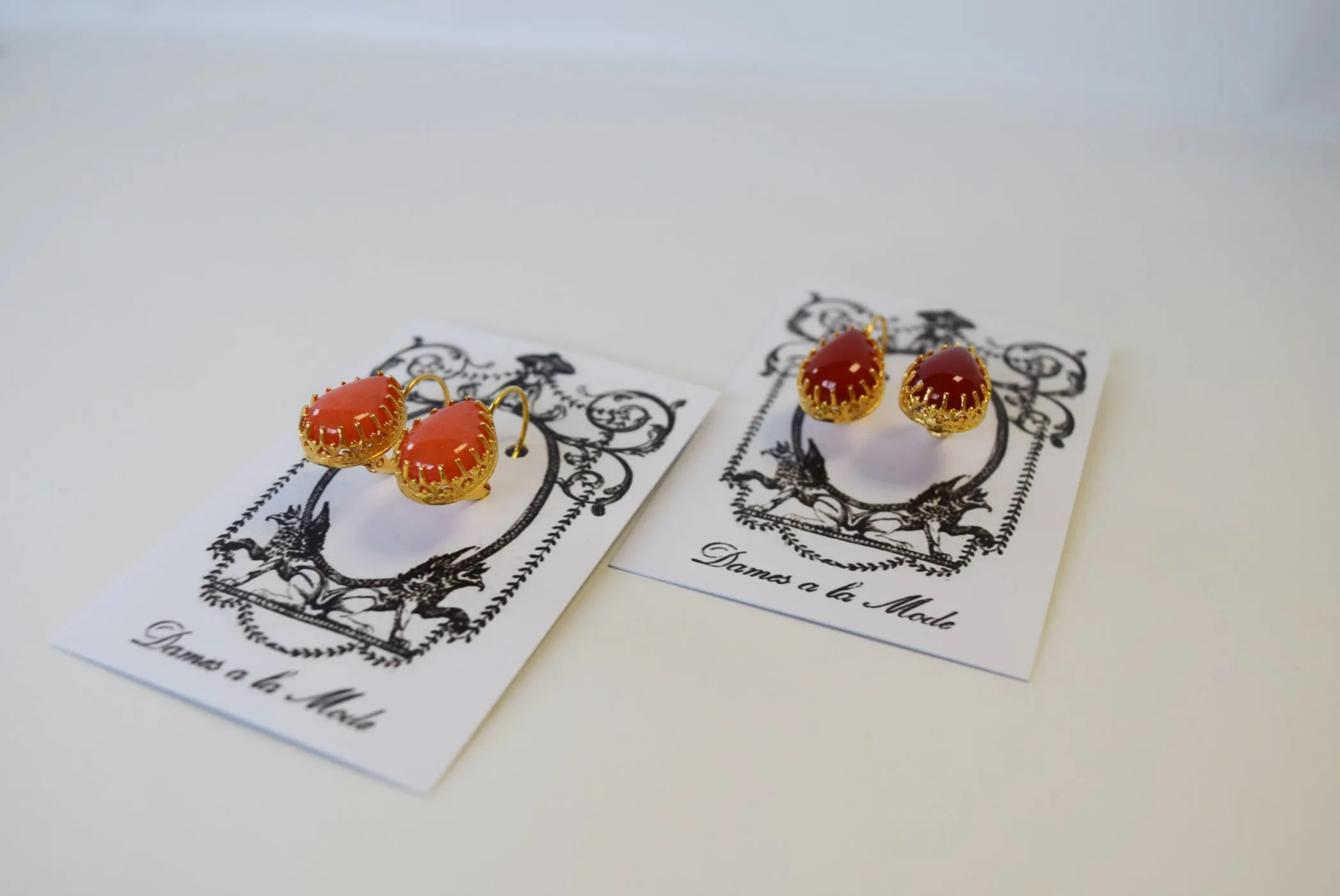 Coral or Carnelian Teardop Crown Earrings - Medium Teardrop