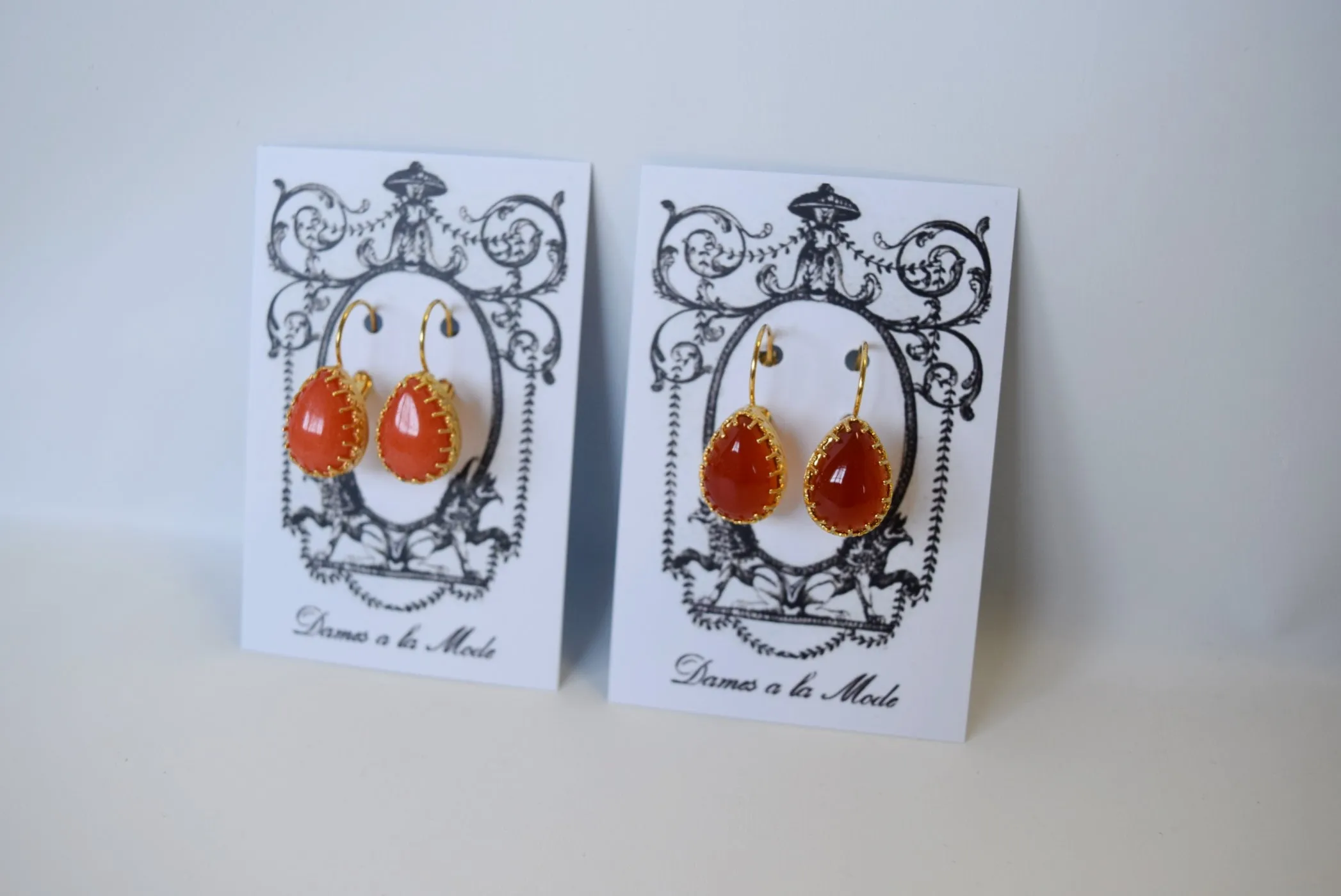 Coral or Carnelian Teardop Crown Earrings - Medium Teardrop