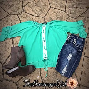 Loving this Mindy Mint Lace up top