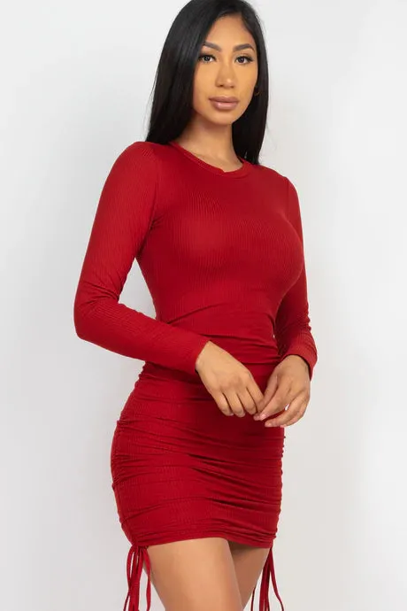 Ribbed Drawstring Bodycon Mini Dress