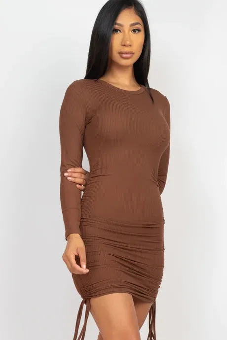 Ribbed Drawstring Bodycon Mini Dress